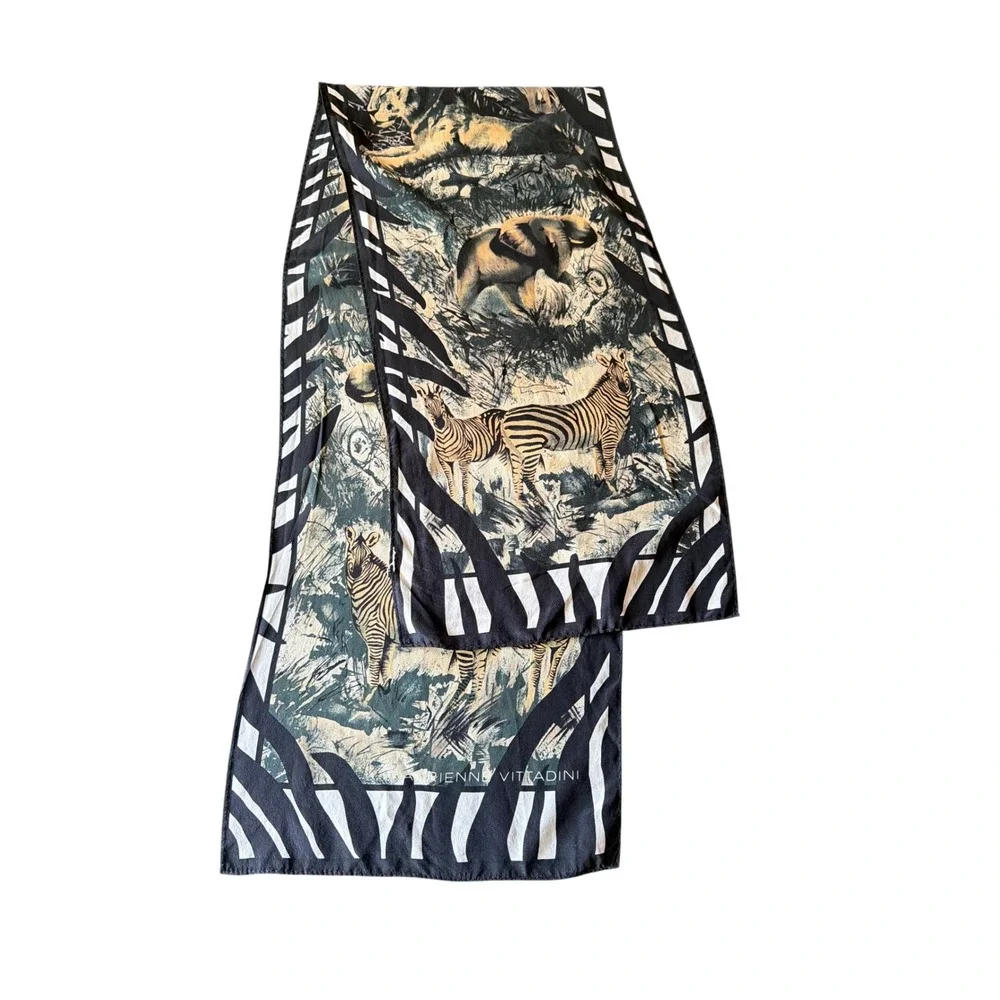 Adrienne Vittadini Scarf Black Safari Wildlife Zebra Lion Silk Oblong Artistic
